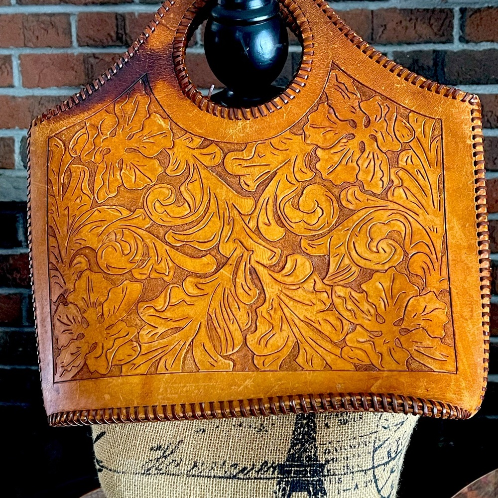 Rare Vintage tole leather tote bag. Variegated color and naturally distressed
